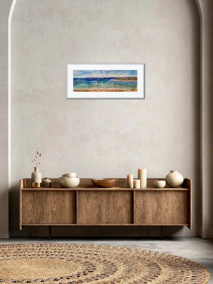 Tenerife Panoramic seascape,Las vistas beach,original watercolour painting,ocean,beach painting,boats painting,watercolour gifts.