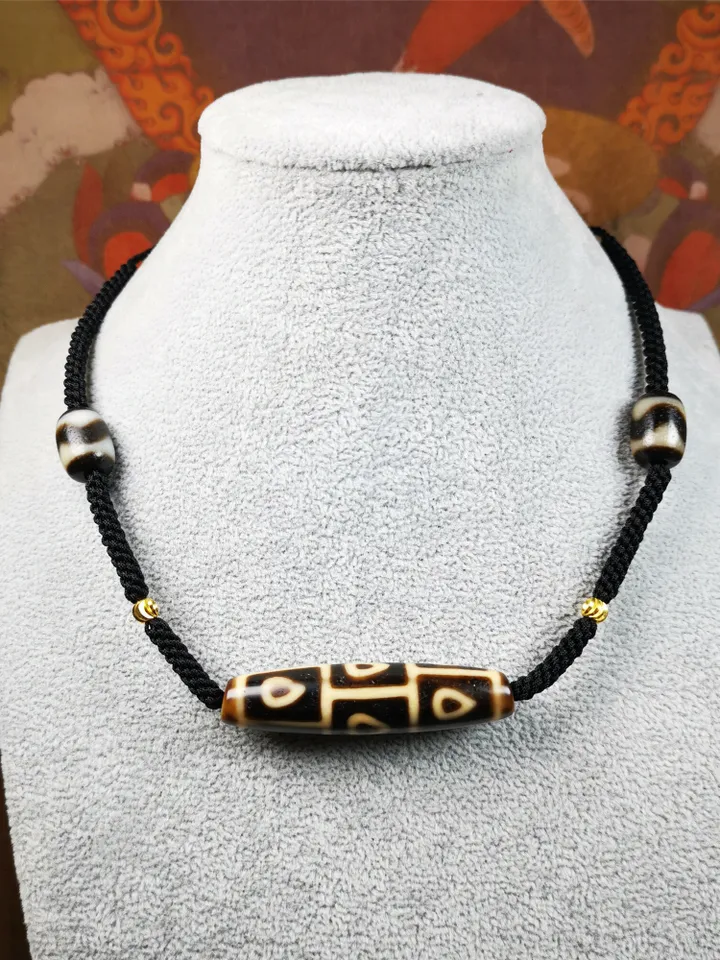Gandhanra Antique Tibetan 9 Eyed Bodhi Dzi Bead Necklace, 2.1" x 0.51", 40 Years Old