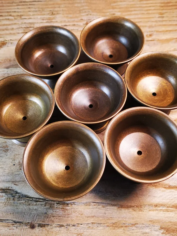 Gandhanra Handmade Tibetan Buddhist Offering Butter Lamps,Made of Red Copper,1 Set of 7 Lamps