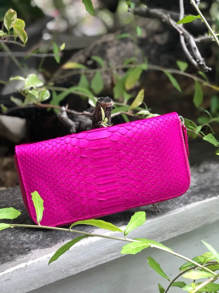 Wallet genuine python skin fuchsia bright color, women wallet, leather lady wallet, classic zip wallet, design wallet handmade, money wallet