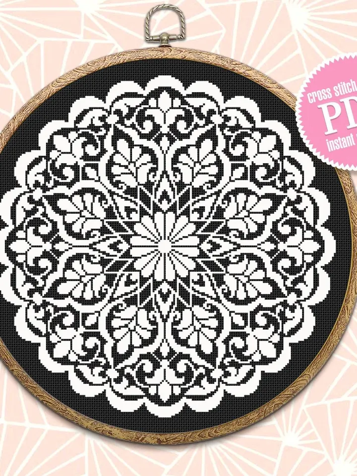 Flower mandala cross stitch pattern download PDF Floral mandala digital Monochrome cross stitch Modern xstitch chart Beginner stitch #M167
