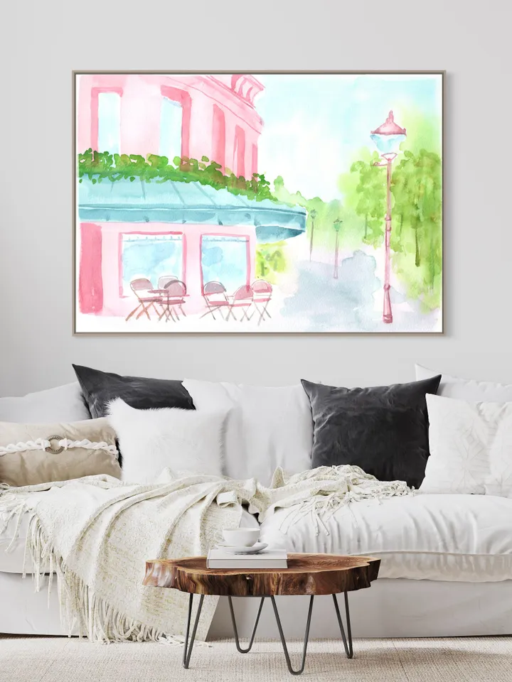 Pink Blue French Street Painting, French Watercolor, Pastel Pink Wall Art, Pink House Painting, Cityscape Watercolor, Gift For Her, Pink Art