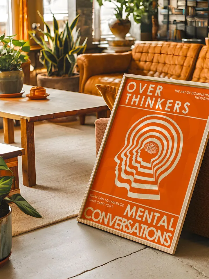 Overthinkers Wall Art Digital Print Retro Style Creativity Poster Eclectic Printable Artwork Trendy Room Decor Instant Download Orange White