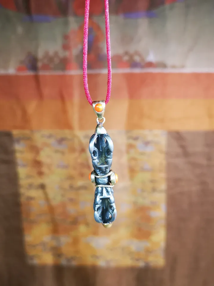 Gandhanra Tibetan Buddhist Amulet,Five-pronged Dorje Vajra Pendant with Leather Chord,Made of Cold Iron,1.77&quot;