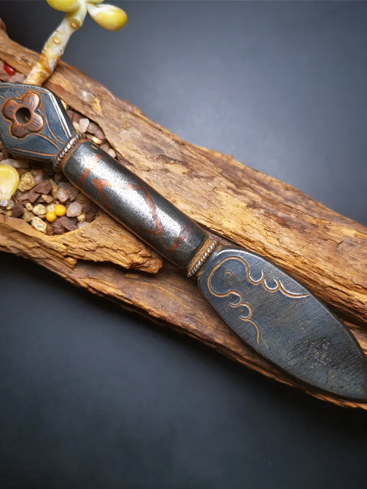 Gandhanra Tibetan Amulet Vajra, Kila Dagger (Dorje Phurba),Dharma Ritual,Made of Cold Iron inlaid with Copper