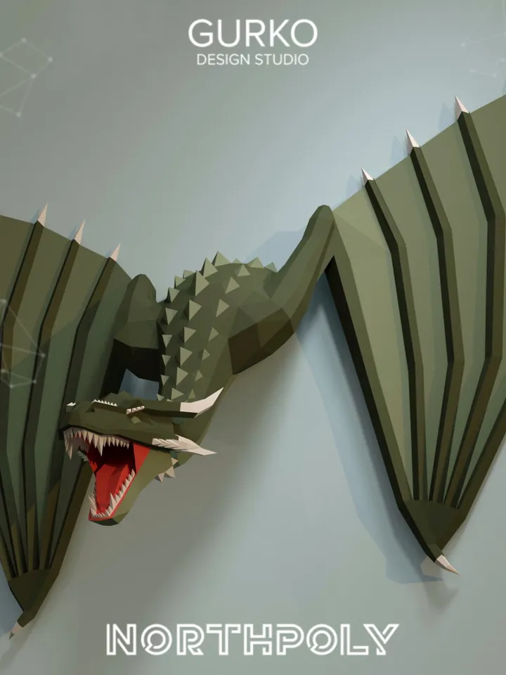 Papercraft Dragon Crawling Out Of The Wall, Digital Template, PDF Download, Gurko, 3D Low Poly, Pepakura, DIY Origami Sculpture, Paper Decor