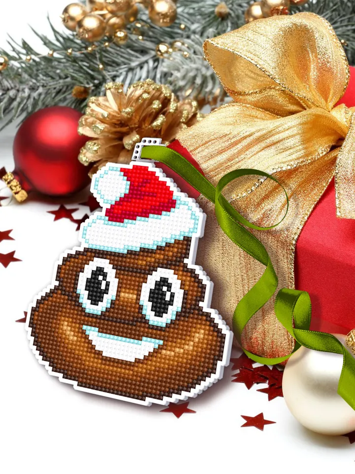 Christmas poop emoji cross stitch pattern PDF download Double-sided Christmas tree decor for plastic canvas, Funny Christmas pattern #N117