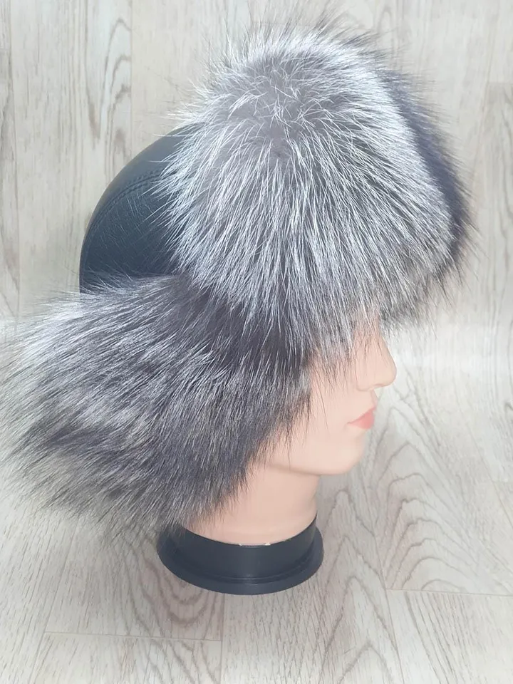 Men's silver fox hat, Winter hat for men, Genuine leather hat top, Fur hat with earflaps "Pilot". Warm men's hat