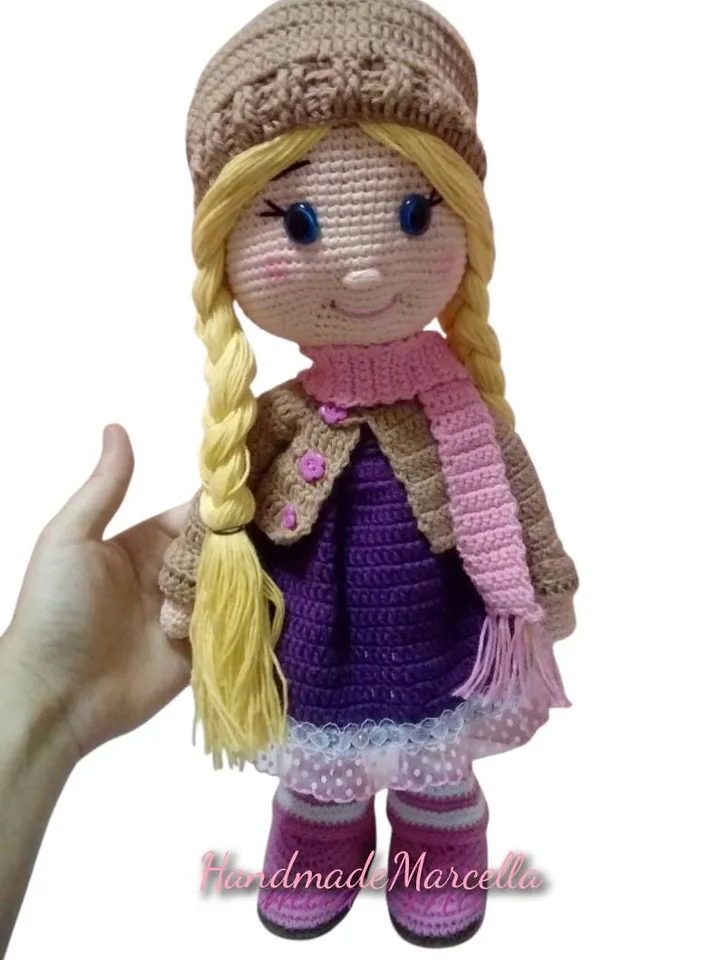 Large Crochet Doll β 38 cm Handmade Amigurumi β Big Doll with Hat & Scarf β Blonde Braided Hair β Gift for Girls β Cotton Yarn