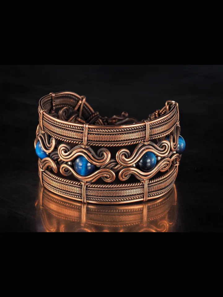 Copper wire bracelet with natural falcon eye, 7th Wedding Anniversary gift