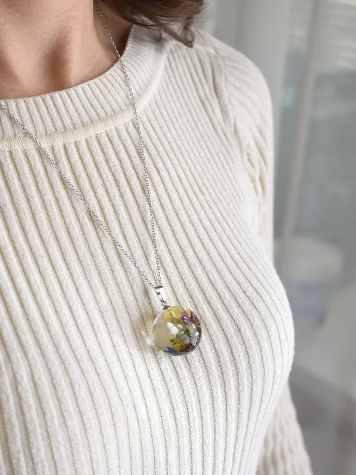 Real snowdrop necklace. Sphere with real flowers. Spring pendant.