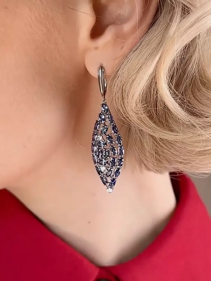 Women's long earrings silver 925 with cubic zirconia and tanzanite