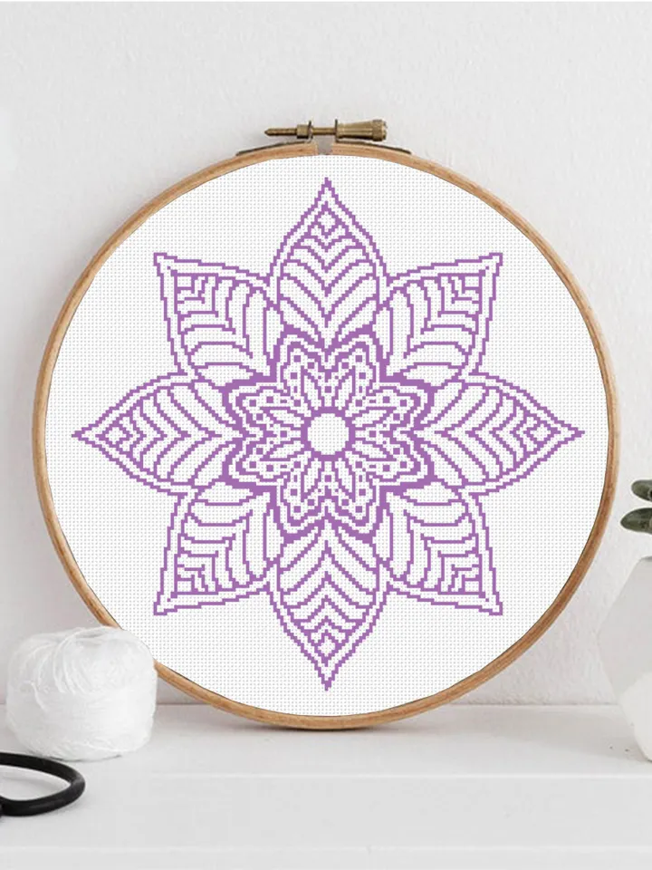 Mandala cross stitch pattern download PDF, Flower mandala pattern PDF, Floral ornament cross stitch chart, Monochrome hand embroidery #M182