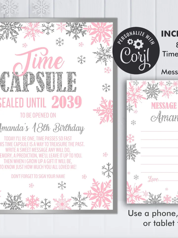Winter Onederland Time Capsule and Matching Note Card Pink Silver Winter Onederland 1st Birthday Girl Decorations, Editable Template