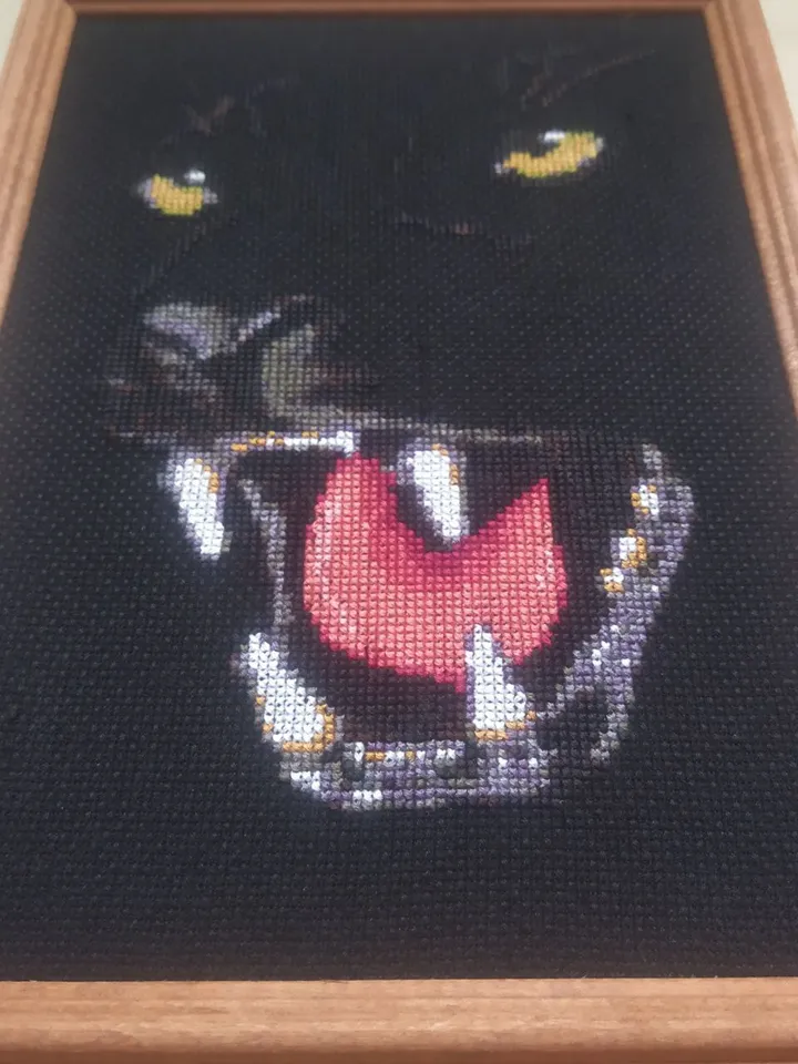 Panther Portrait Wall Art Decor, Finished Cross Stitch, Wild cat Embroidery Art Print, Black Wall Art, Original Gifts