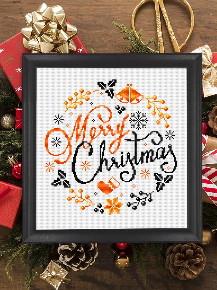 Merry Christmas cross stitch pattern download PDF Winter holiday cross stitch Round christmas ornament stitch chart DIY Christmas decor #N33