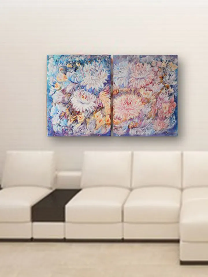 Floral abstract oil painting on canvas, Dipthych