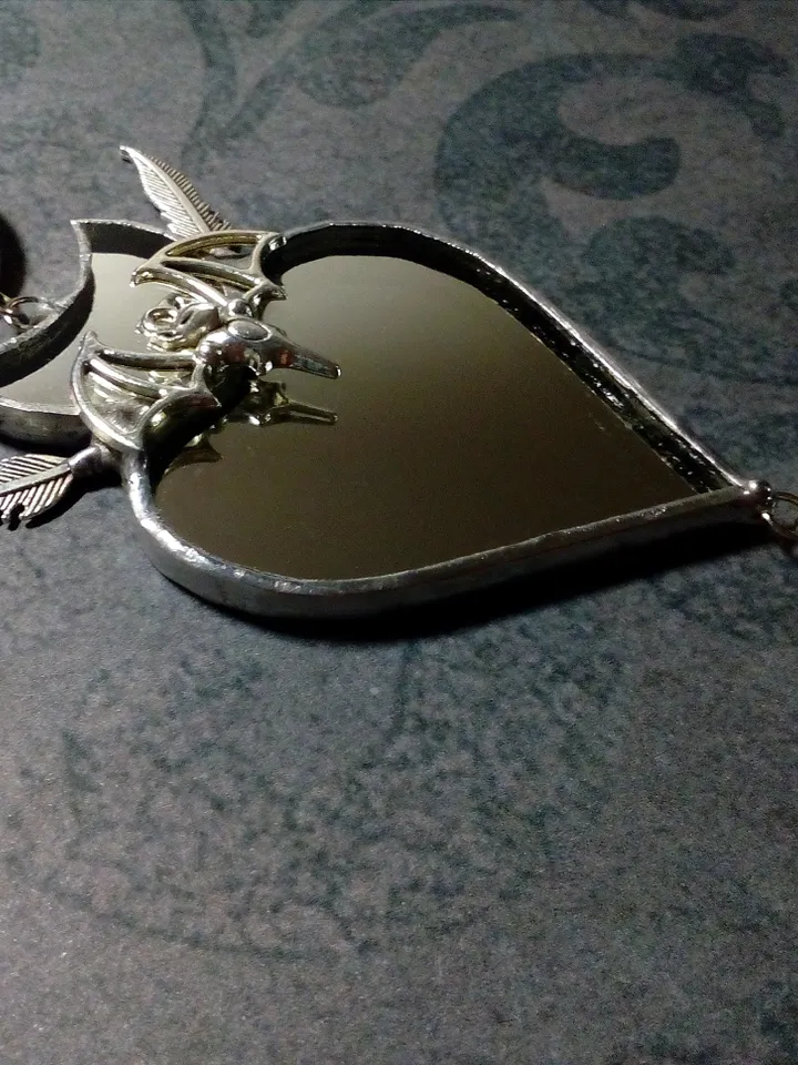 Stained glass scrying mirror, Black goth ornate mirror, Bat mirror, Car hanger, Witch mirror, Heart mirror