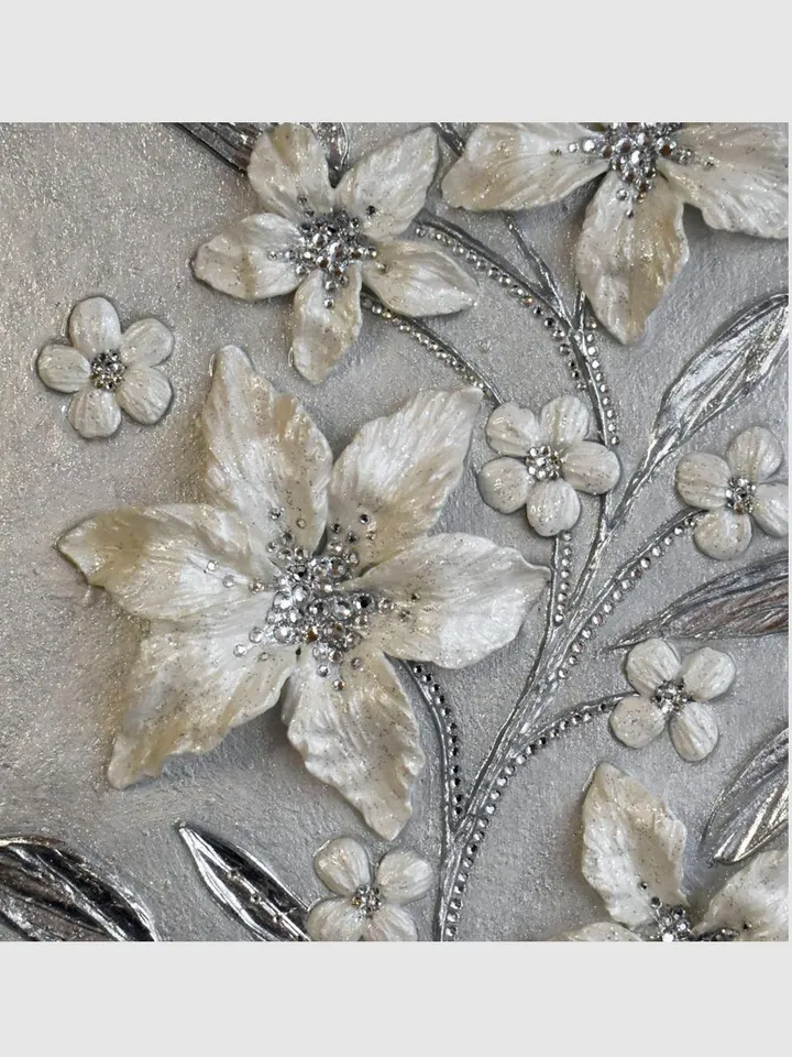 White Pearl Lilies Floral artwork | Silver Glittery Textured Flower Original Painting with Crystal