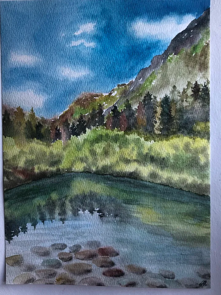 Lake in the mountains original watercolour painting hand painted modern painting wall art original artwork 8x11 inch