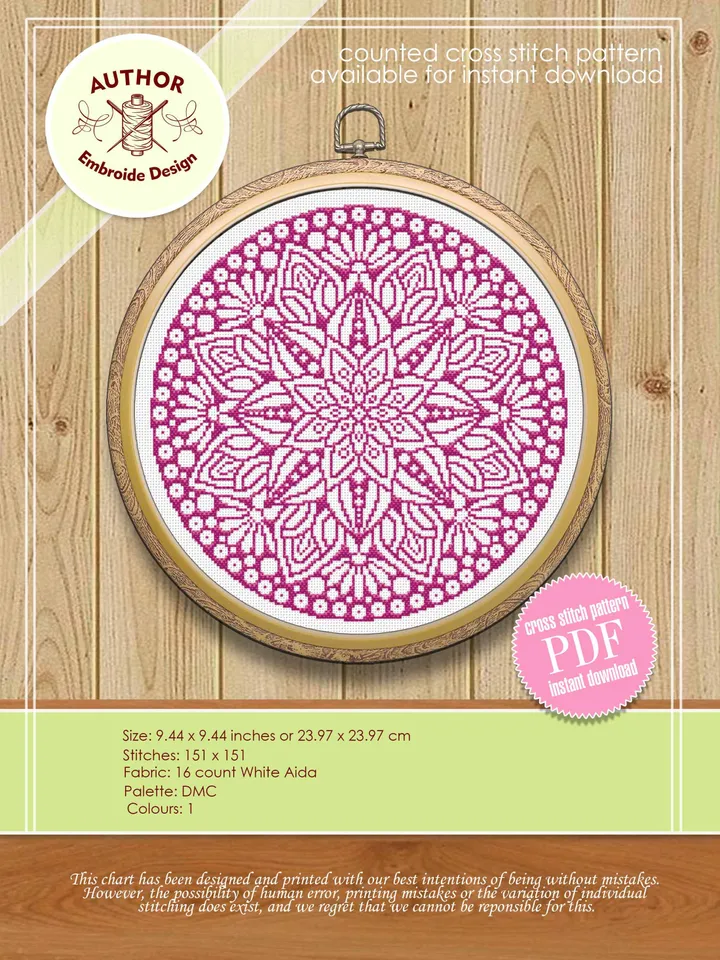Flower mandala circle cross stitch pattern download PDF Monochrome mandala digital Beginner stitch Floral ornament cross stitch chart #M49