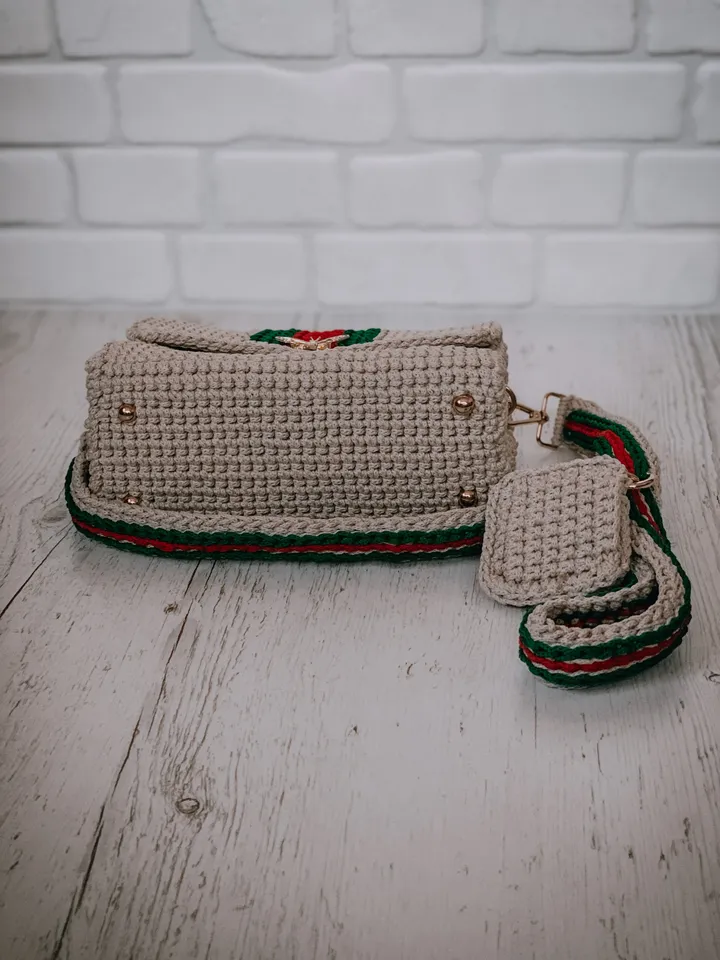 Beige crossbody with red stripe, crochet bag, handmade luxury handbag, clutch, shoulder bag, accessories for gift, polyester cord