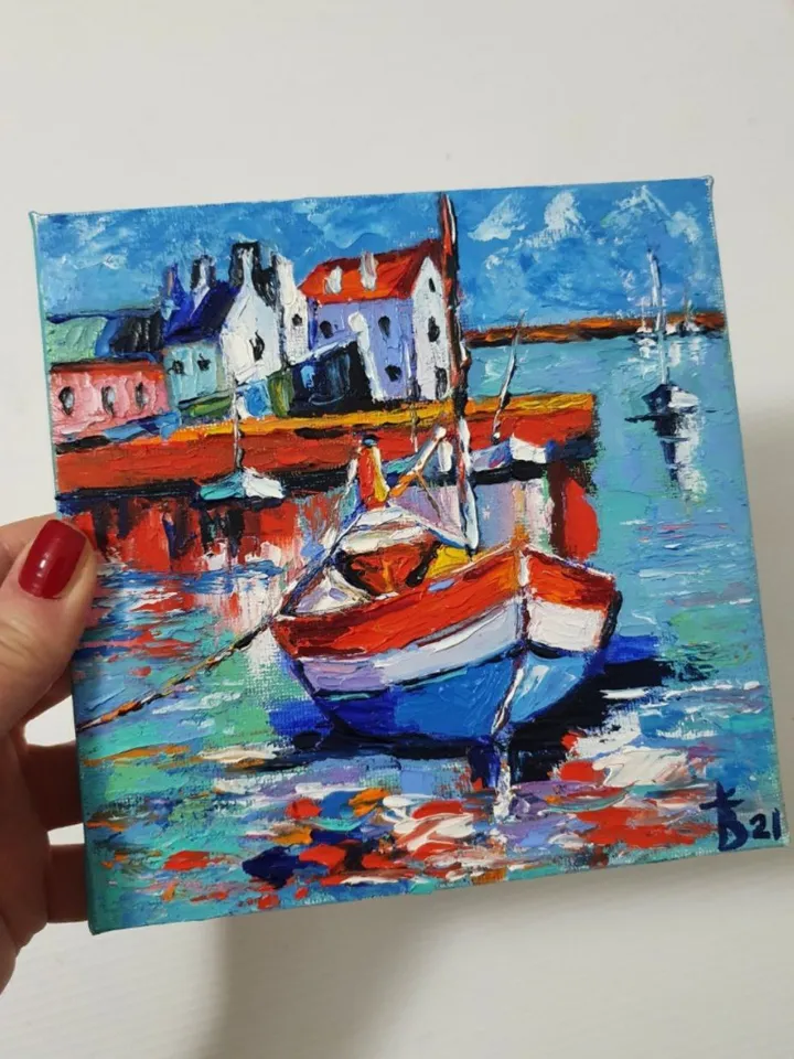Oil painting seascape Norwegian houses and boats