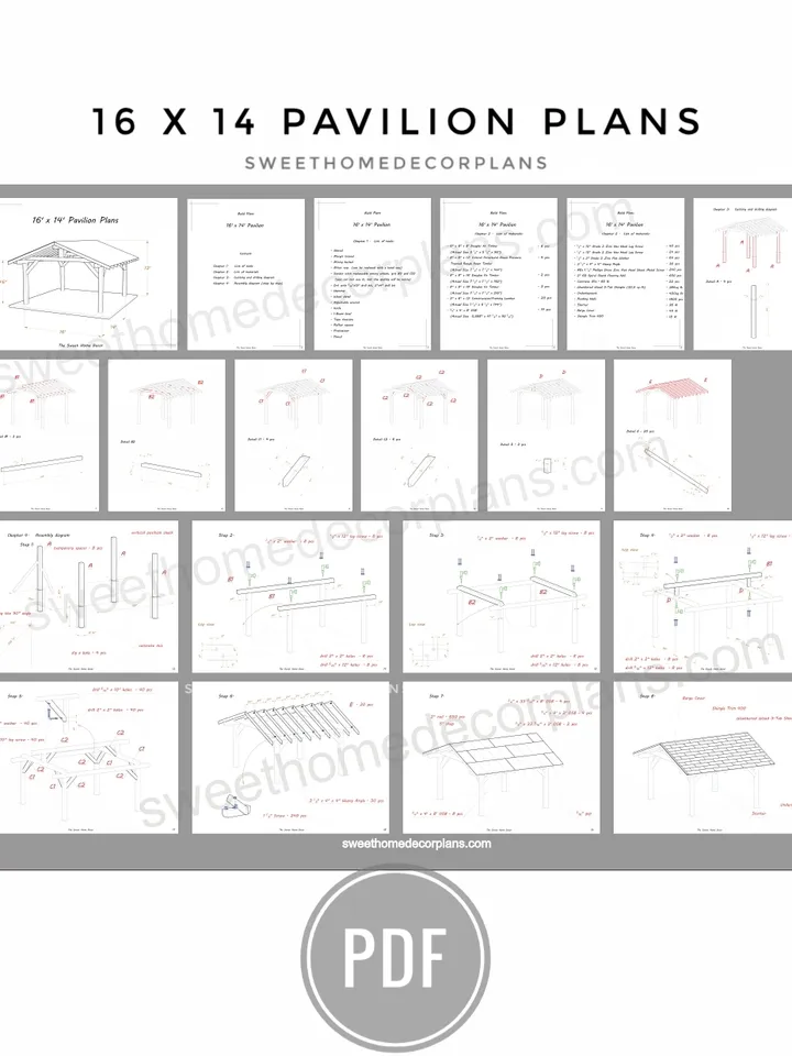 Diy 16 x 14 gable pavilion plans in pdf. Carport plans. Wooden outdoor covered gazebo plans. Diy garage plans. Backyard timber frame plans for outdoor.