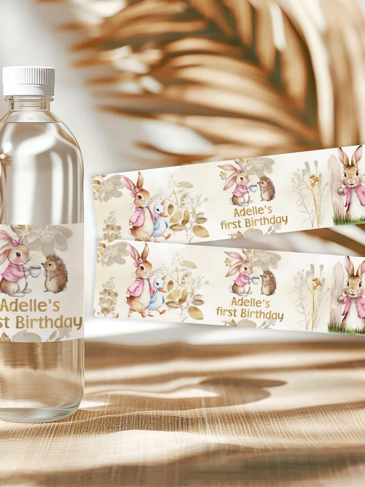 Editable and Printable water bottle Label template 1st Baby Birthday party in Peter Rabbit style instant download and unlimited access pr777