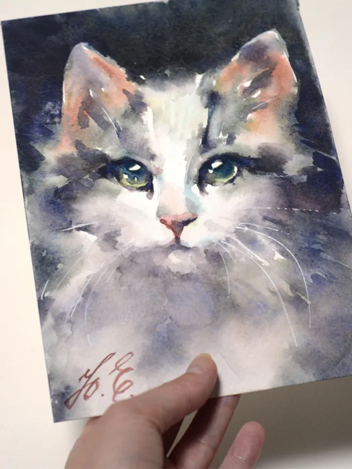 Kitten painting Original watercolor small art by Yulia Evsyukova