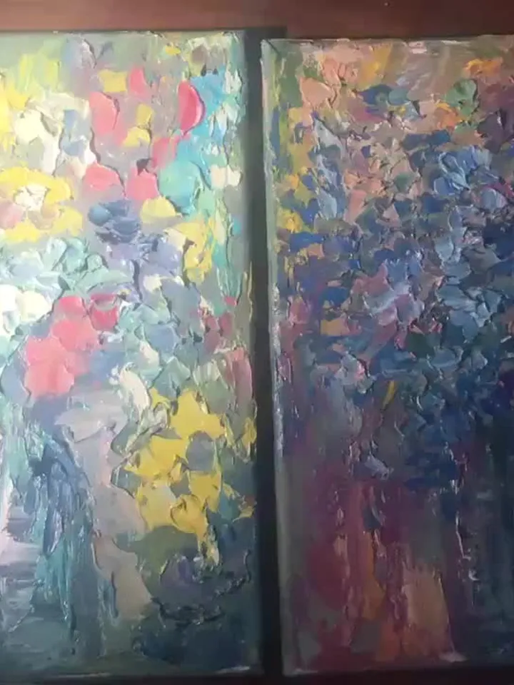 Original oil impasto style textured diptych, set of 2 impressionistic floral painting on canvas,oil painting wall art,unique gifts
