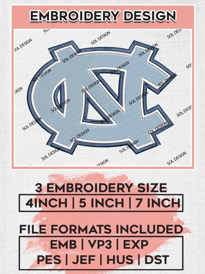 North Carolina Tar Heels Logo Machine Embroidery Design, NCAA North Carolina Tar Heels Embroidery Design Design files, NCAA Embroidery Designs, NCAA Machine Embroidery Designs, Digital Download