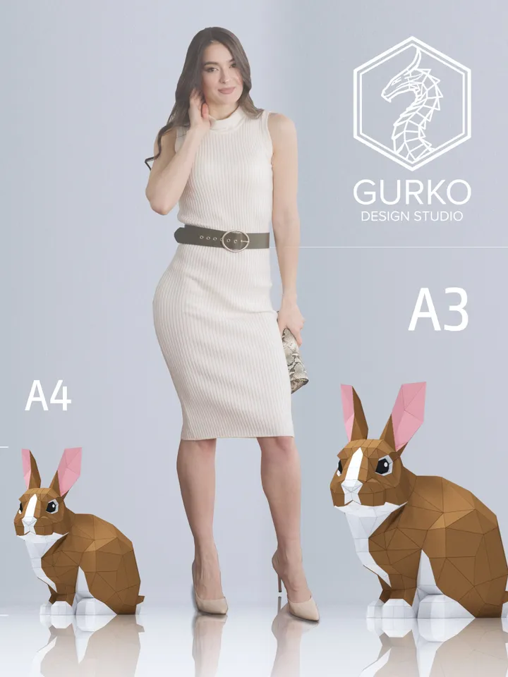 Two Rabbits Papercraft, Hare, Digital Template, PDF Download, Gurko, Low Poly, Pepakura, Origami Sculpture, Paper Party Decoration, DIY Gift