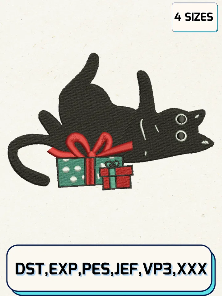 Black Cat Christmas Embroidery Designs,Christmas Embroidery Designs,Machine Embroidery Files,4 Sizes