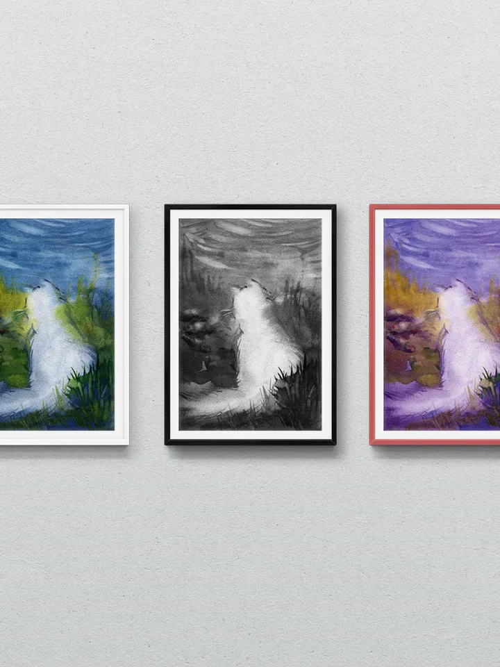 White cat by the pond, Watercolor digital file JPEG in 3 colors, Art print from the original painting