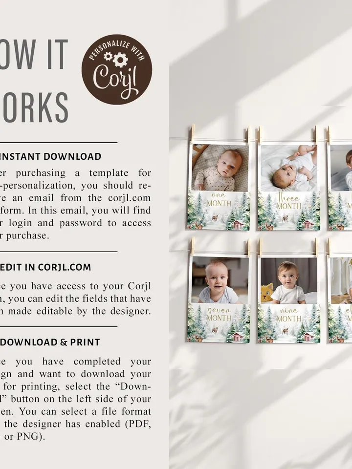 Winter Onederland 1st Birthday Photo Banner, Deer Woodland Photo Banner, Woodland Birthday, Monthly Milestone Photo Instant Download i128