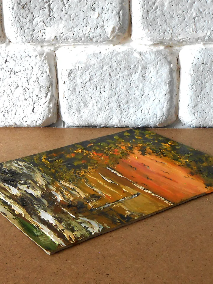 Gold Autumn landscape original oil painting with pallete knife