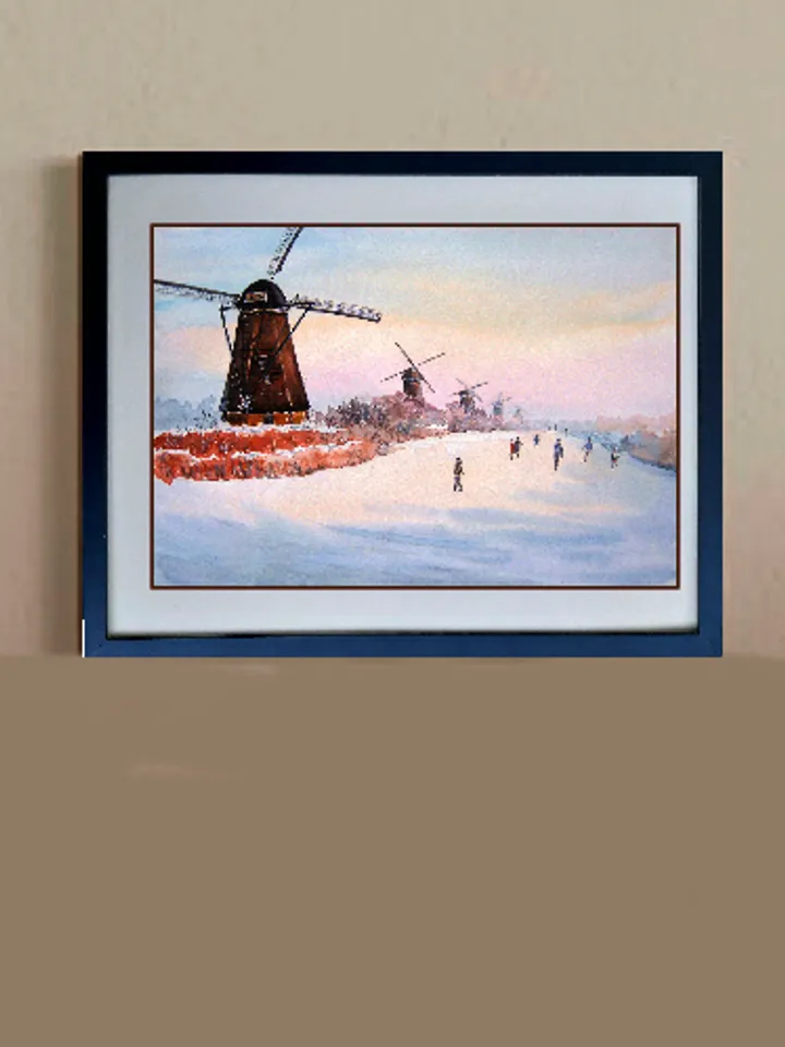 Watercolor painting. Holland. Rotterdam mills and skating rink. The Winter Fun series 30x40cm (approx.11.8х15,7 inches with margins)