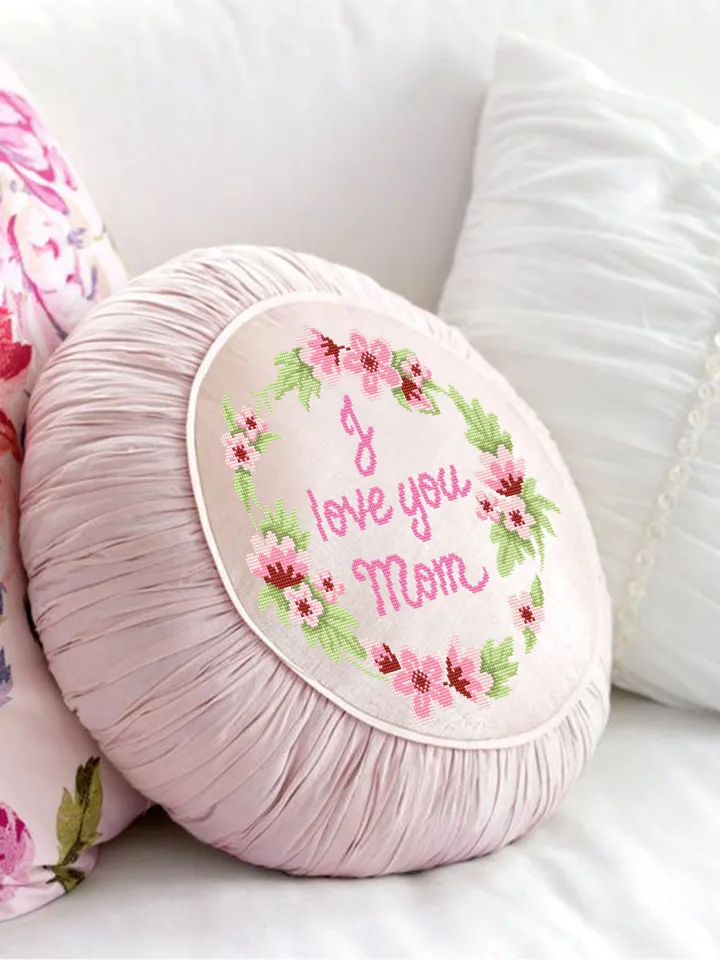 I love you mom cross stitch pattern download PDF Floral wreath cross stitch chart, Floral pattern digital PDF Framed quote cross stitch #Q49