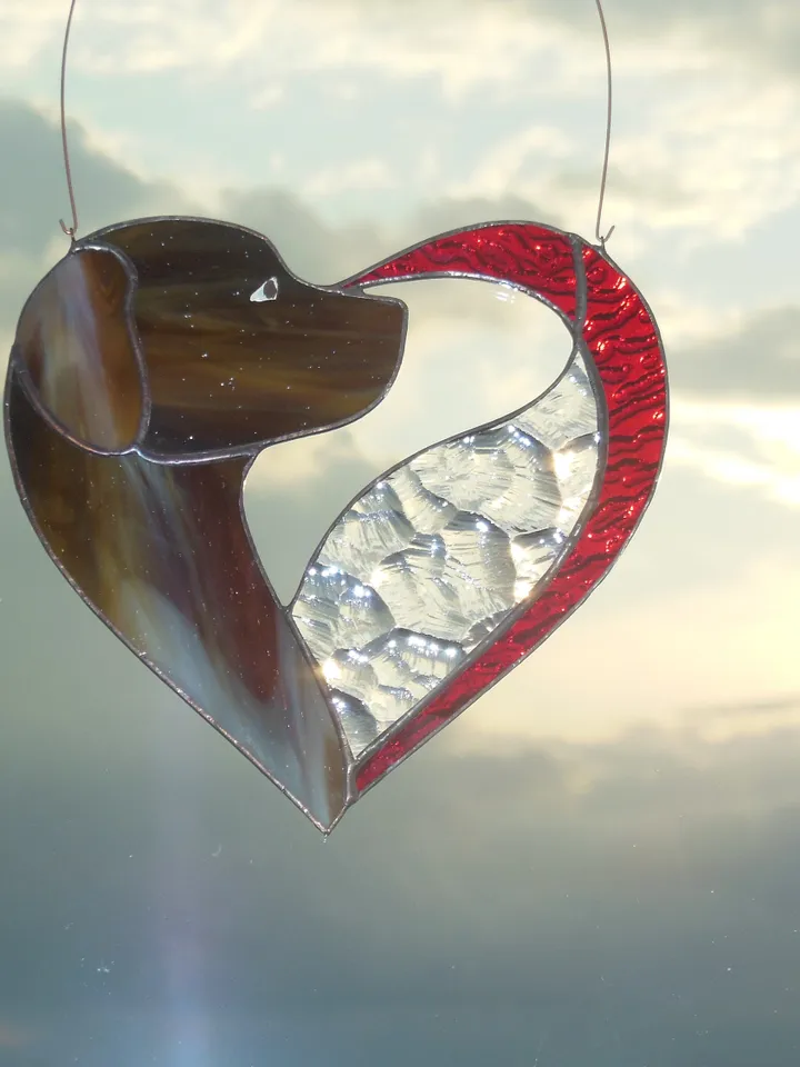 Dog Dark Brown Chocolate in Heart . Art stained glass window hanging Suncatcher . Gift for animal lover , pet loss memorial