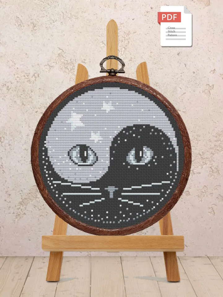 Silver Yin and Yang Cat Cross Stitch Pattern, Cat Cross Stitch Pattern, Embroidery Yin and Yang, Animal Cross Stitch Pattern #cat008