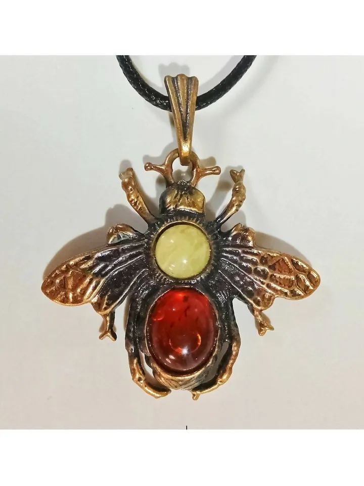 Honey Bee Jewelry Vintage Gold and Black with Amber Pendant Necklace Handmade Gift for Girl Women Summer Jewelry