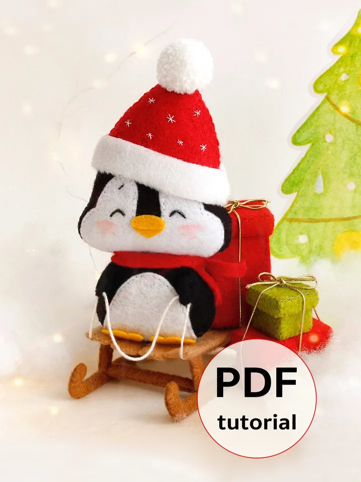 Felt penguin on the sleigh with Christmas presents hand sewing PDF tutorial with patterns, DIY Christmas tree ornament. Soft toy pattern