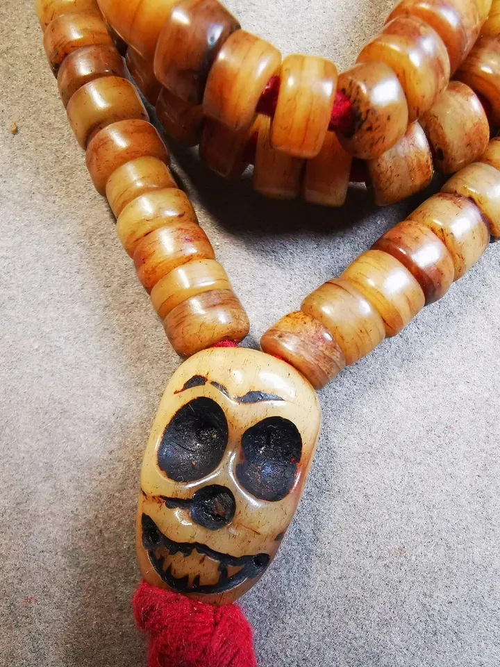 Gandhanra Original 6mm Tibetan Yak Bone Mala Beads Necklace, Hand-carved Tibetan Prayer Beads
