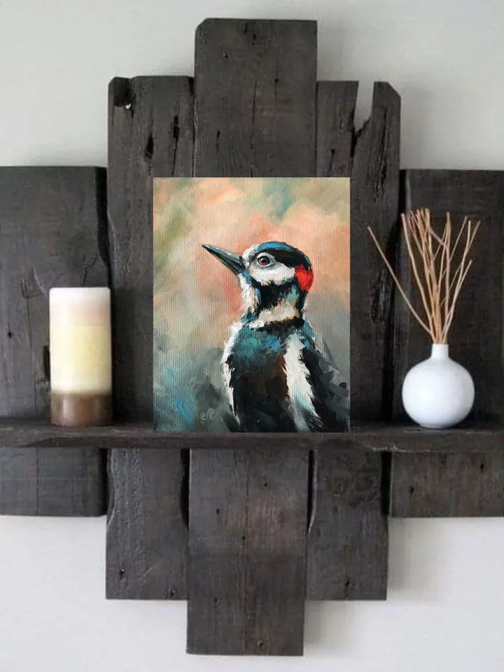 Birds Original Painting Woodpecker Wall Art Bird Oil Painting