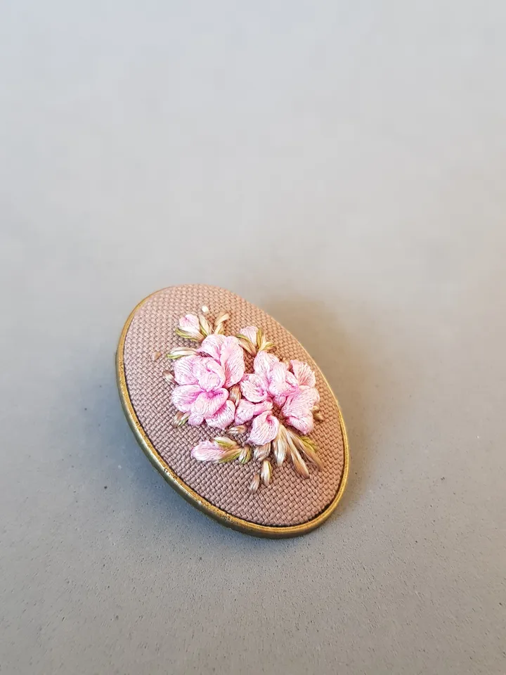 Ribbon embroidered brooch for her, handmade embroidery jewelry