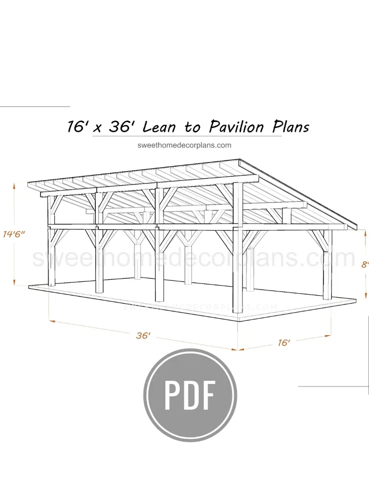 DIY 16 x 36 lean to pavilion plans pdf. Detached carport plans. Wooden covered gazebo outdoor plans. Timber frame backyard garage plans.