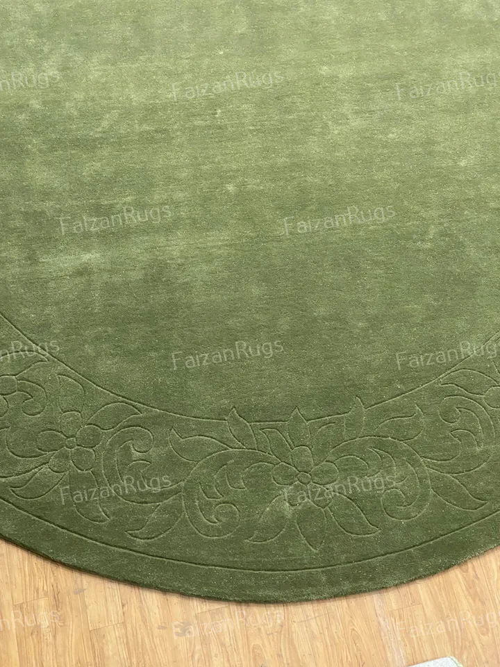 Ready to Ship 11x11 Green Hand Tufted Rug | Hand Carving Rug | Circle Shape Rug 100% Wool For Kids Room | Living Room | Bed Room Nursery