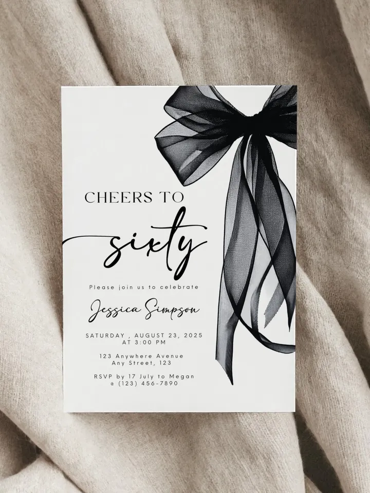 Coquette Black Bow 60th Invitation, Editable Sixtieth Birthday Party Invite, DIY Digital Black Ribbon, Cheers to Sixty Invite