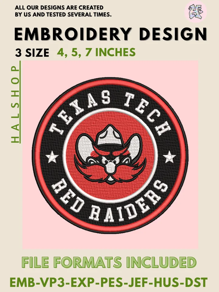 NCAA Texas Tech Red Raiders Embroidery Design | Texas Tech University Logo | Machine Embroidery File | Digital Download